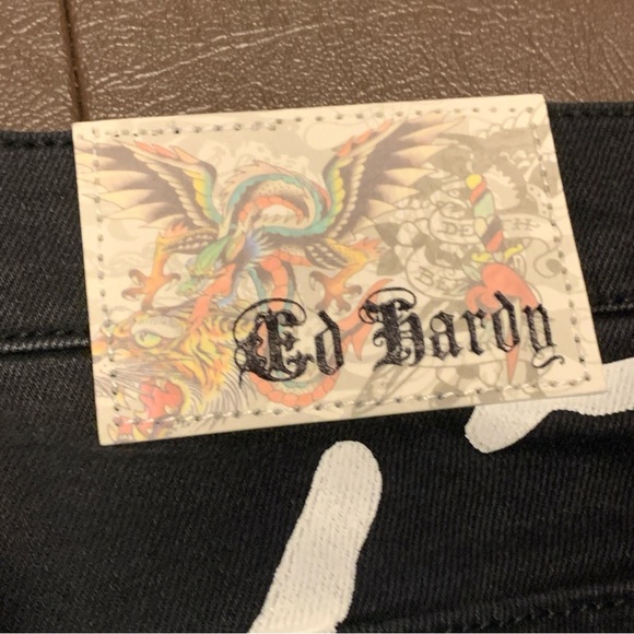 Ed Hardy Jeans Mens Sz 38x30 Black Embroidered Skull Denim Skinny - Picture 6 of 9